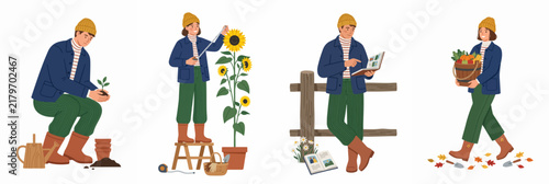 Set of illustrations showing a person engaged in various gardening and farming activities, from planting sprouts to harvesting fresh vegetables.