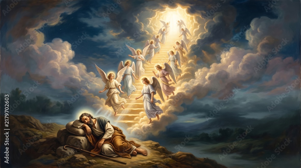 Fototapeta premium Jacobs dream biblical story. Man sleeping on stone with staff while angels ascend and descend golden staircase to heaven in clouds. Religious painting of divine vision, faith and hope concept