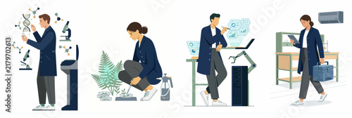 Set of Illustrations Representing Diverse Scientists and Professionals Working in Laboratories, Botany, Robotics, and Field Research Environments