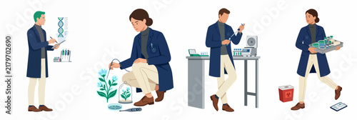 Vector illustration set of professional scientists conducting laboratory research, genetics, botany, and medical experiments in a modern flat style.