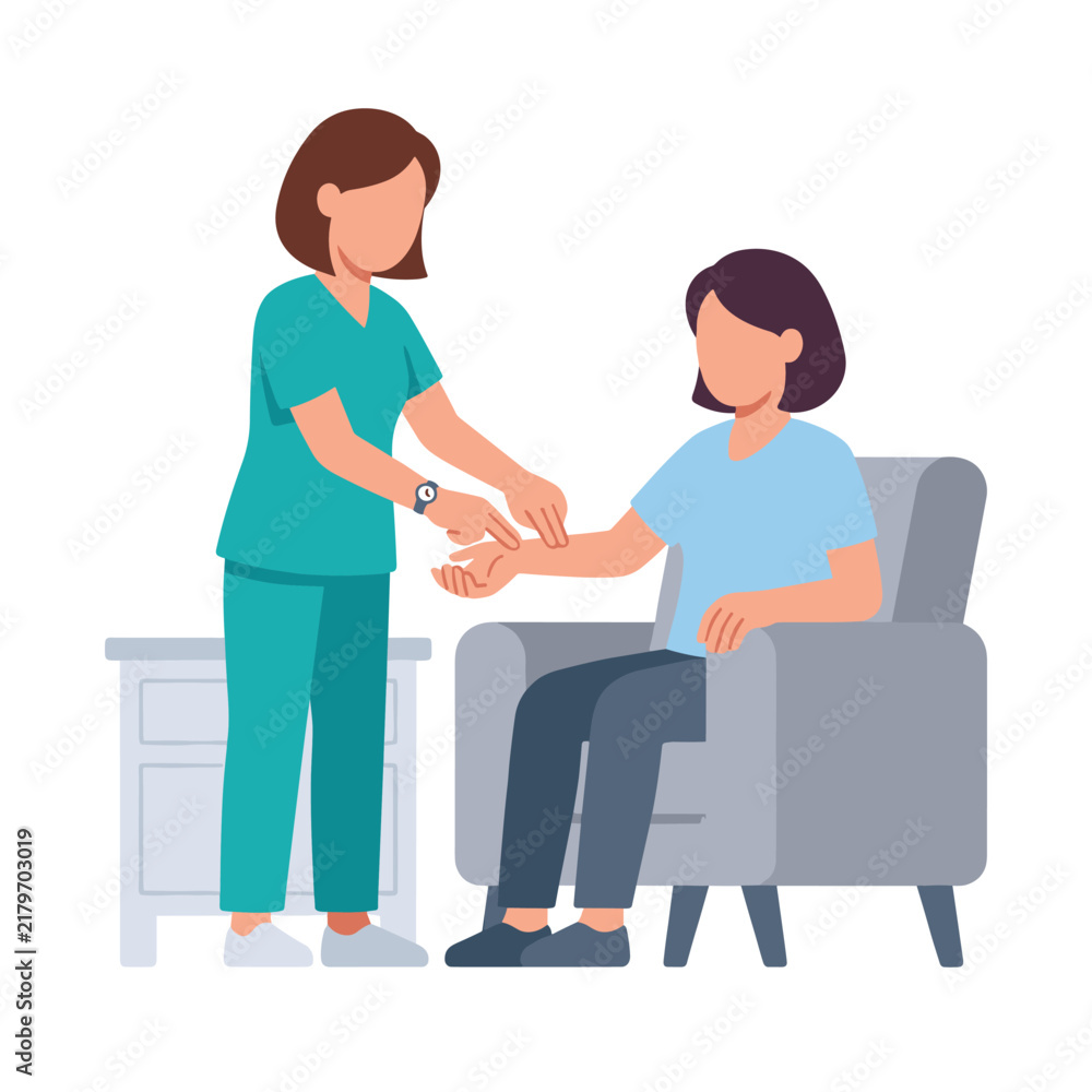 Obraz premium Female Nurse in Teal Scrubs Checking Pulse of Seated Patient During Home Health Visit Illustration