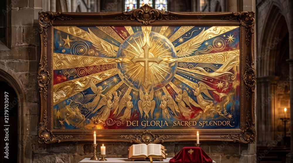 Fototapeta premium Ornate golden religious painting with cross and angels in baroque frame on cathedral altar. Sacred glory of god with open bible and burning candles. Christian faith, worship and church art concept