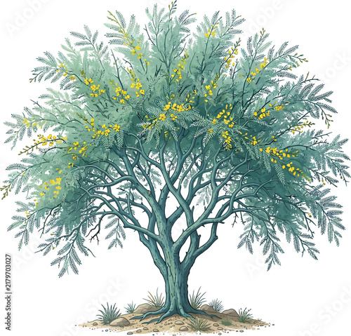 Dense deciduous tree with green leaves and scattered yellow flowers vector