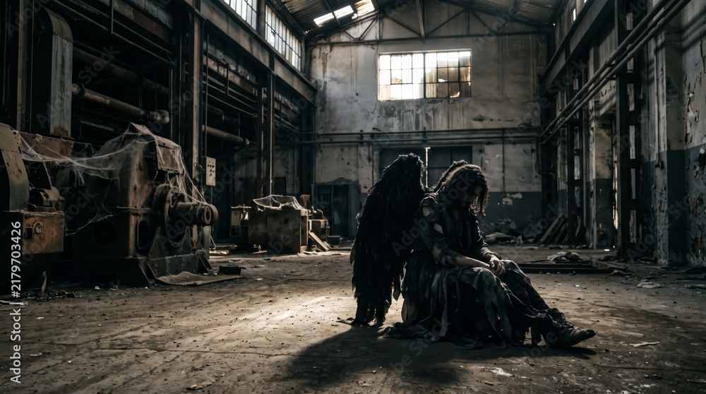 Fototapeta premium Fallen angel woman with black wings sitting on floor of abandoned factory. Sad fairy in dark tattered dress in old ruined warehouse. Loneliness, despair and lost hope