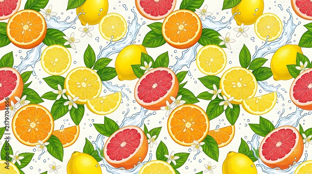 Tropical citrus seamless pattern with juicy oranges, lemons, grapefruits and water splashes