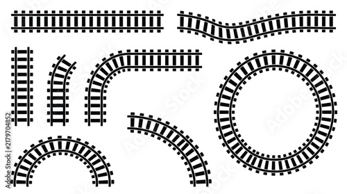 Black train track collection featuring various curved and straight geometric shapes for simple graphic design layouts