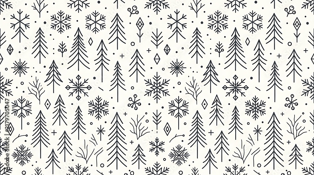 Minimalist Scandi winter seamless pattern with pine trees, snowflakes and simple black lines