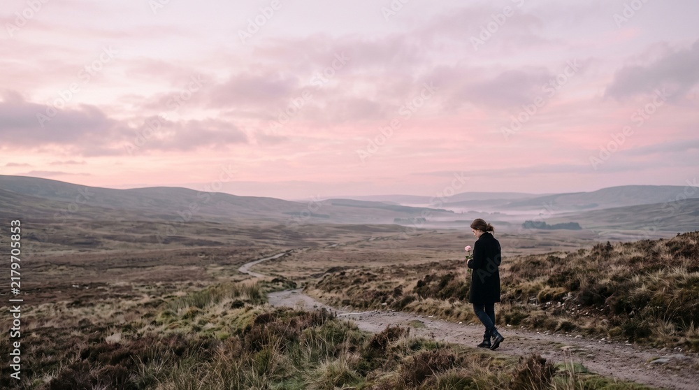 Obraz premium Woman holding a pink rose walks on a dirt path through a misty moorland at sunrise
