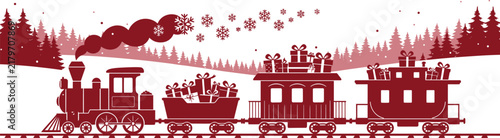Vintage Christmas steam train vector, red holiday locomotive with passengers in winter landscape, festive polar express scene