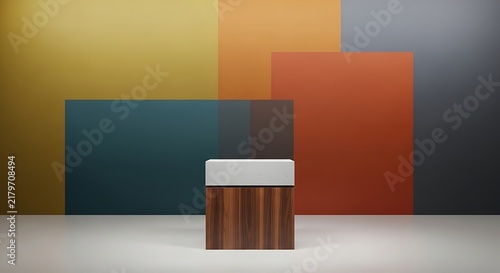 Modern minimalist interior with geometric colored panels and small wooden stool on white floor
