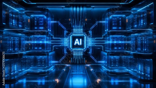 Obraz na płótnie Futuristic data center with glowing blue server racks and a central AI processor representing artificial intelligence computing infrastructure
