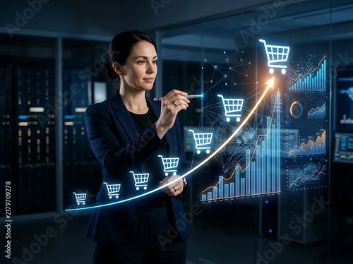 Business woman analyzing online sales growth on digital screen