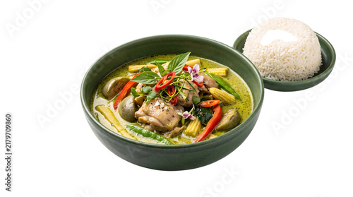 Obraz na płótnie Authentic thai green curry with chicken and steamed png on isolated transparent