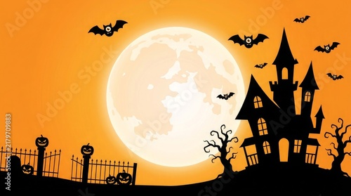 Silhouette of a haunted house with bats and jack o lanterns against a full moon background
