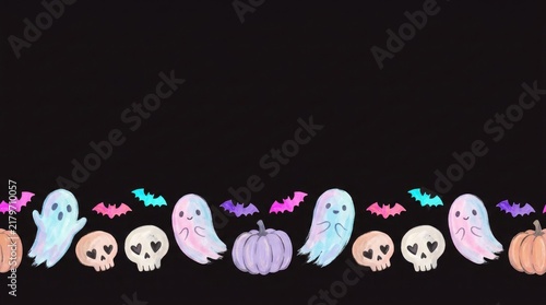 Cute hand drawn halloween elements border with ghosts skulls pumpkins and bats on a black background