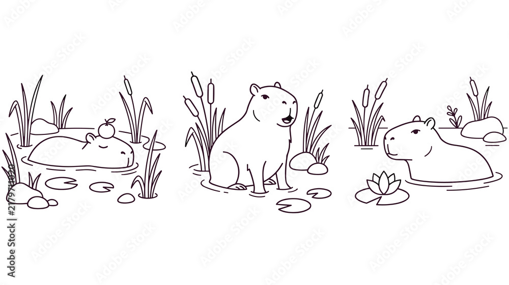 Fototapeta premium Cartoon capybara set in pond with reeds and lily pads for nursery art design.
