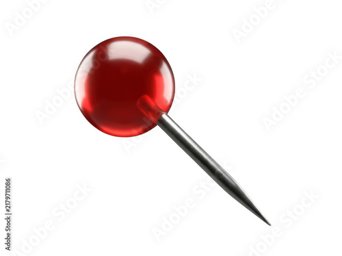 A single red push pin with a round transparent head and a sharp metal point, isolated on transparent background