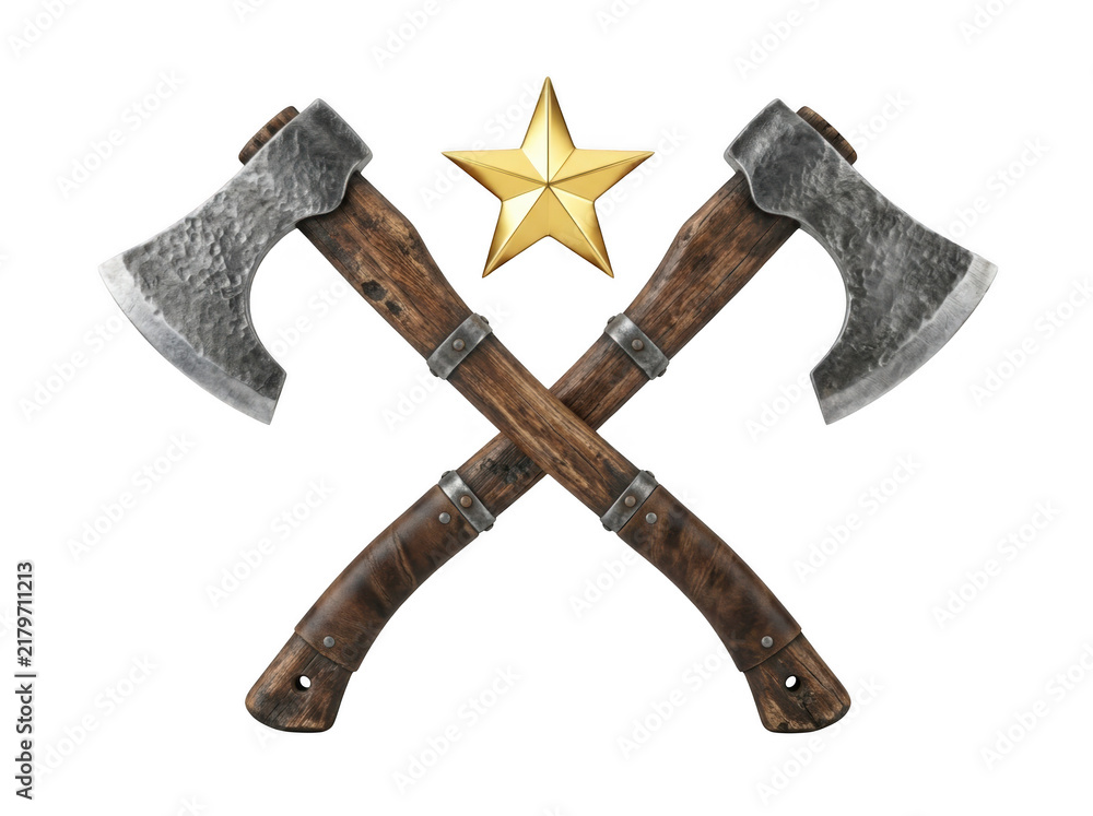 Obraz premium Two crossed vintage battle axes with a golden star isolated on transparent background