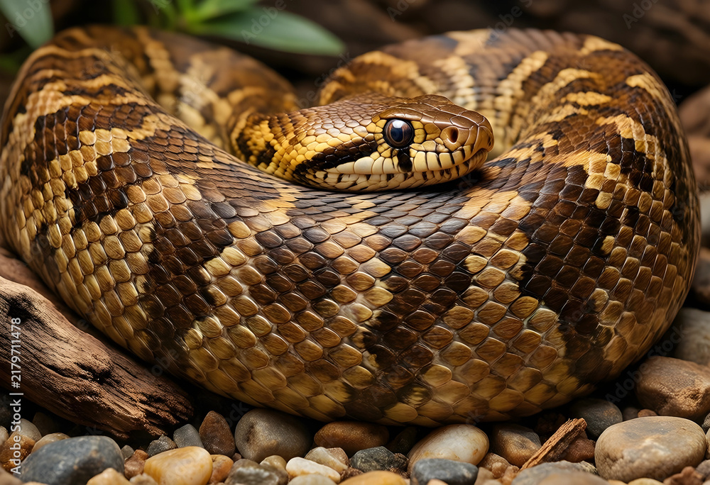 Obraz premium Wildlife conservation and biodiversity, coiled brown snake resting on river stones in natural habitat with detailed scales and alert eyes