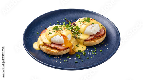 Fotografie Eggs benedict with ham and hollandaise sauce on blue png on isolated transparent