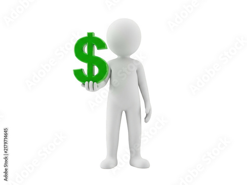 3d character holding a green dollar sign isolated on transparent background