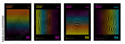 Abstract Posters Collection. Line waves style abstract set. Bright color wavy lines pattern on black background for modern creative graphic design. Vector illustration.