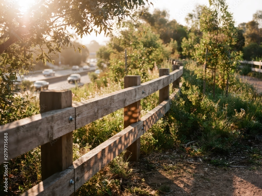 Fototapeta premium Wooden ranch fence along green bushes at golden hour with blurred highway traffic in background. Countryside path near road at