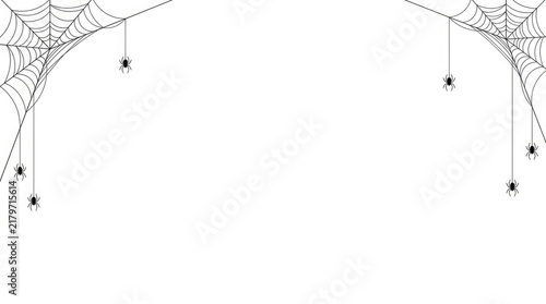 Black spiders hanging from intricate web corners on white background with silhouette spiders