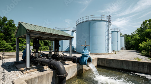 Industrial water treatment facility with storage tanks|Wastewater management system and purification process|Municipal water supply infrastructure and pumping station