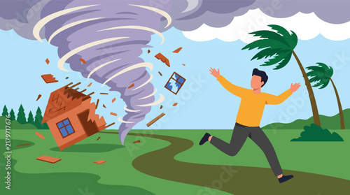 фотографія Man running from powerful tornado destroying a house, a natural disaster
