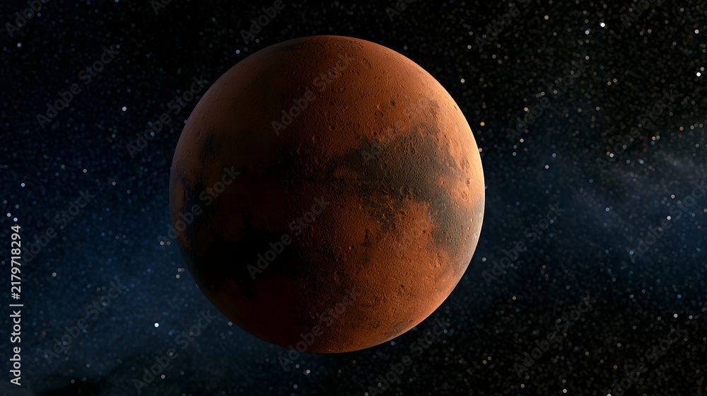 Obraz premium A vivid red planet with cratered terrain floats against a star filled cosmic backdrop showcasing planetary surface details under celestial lighting
