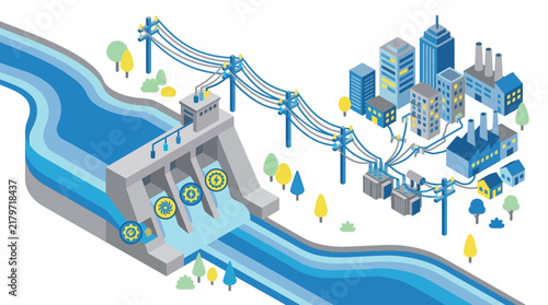 Hydroelectric power plant generates clean electricity and distributes it to a modern city.