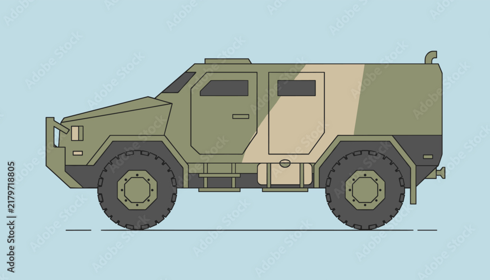 Obraz premium Side view illustration of an armored military vehicle with a camouflage pattern for defense and combat transportation themes.