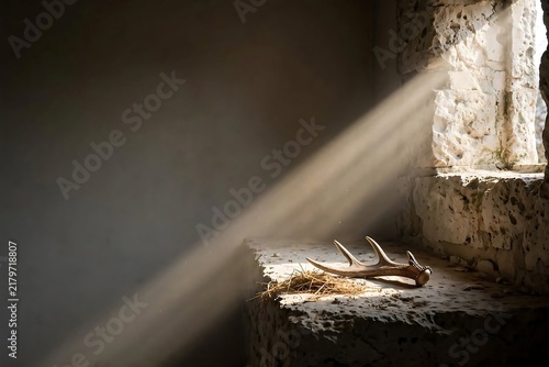 Antler on Rustic Stone Ledge in Dramatic Sunlight