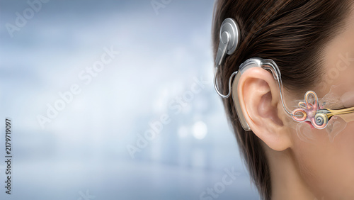 Cochlear implant inner ear medical website banner for hearing loss, photorealistic anatomy illustration with copy space, healthcare education image for audiology, radiology, and patient education
