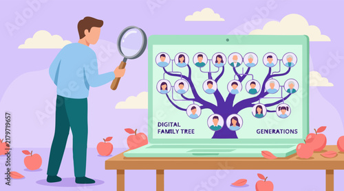 Bild auf Leinwand Genealogy Research: Man Examining Digital Family Tree on Laptop Screen