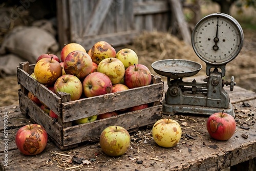 Rustic Apple Harvest With Vintage Scale and Wooden Crate
