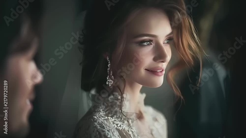 Paris, France, Europe. A portrait of a woman, captured in a side profile. She wears a white lace dress with intricate detailing. Her hair is styled in loose waves, and she has a gentle smile.