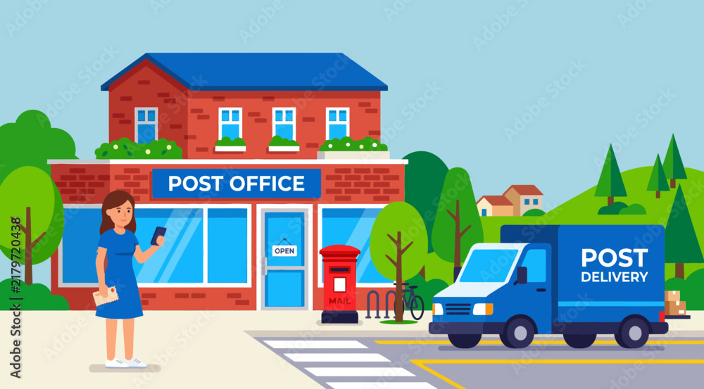 Naklejka premium Post office building with a delivery truck parked outside and a woman standing on the sidewalk.