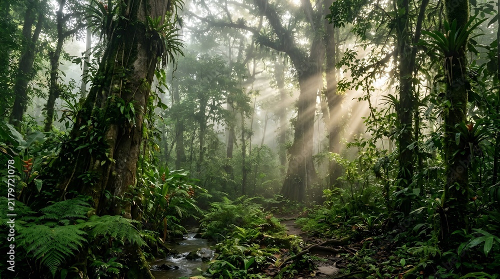 Obraz premium Sunlight Filtering Through Misty Forest Canopy Illuminating Verdant Undergrowth