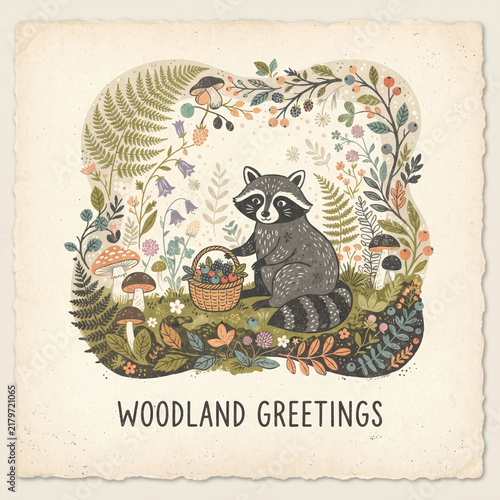Woodland Raccoon with Berry Basket and Forest Mushrooms