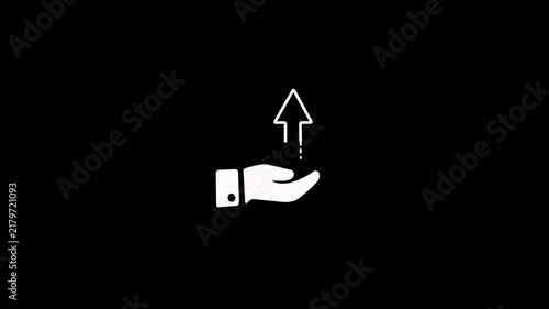 Hand with rising arrow icon animation on black background. Upward hand arrow icon animation representing growth improvement progress and an upward trend in business performance or personal success