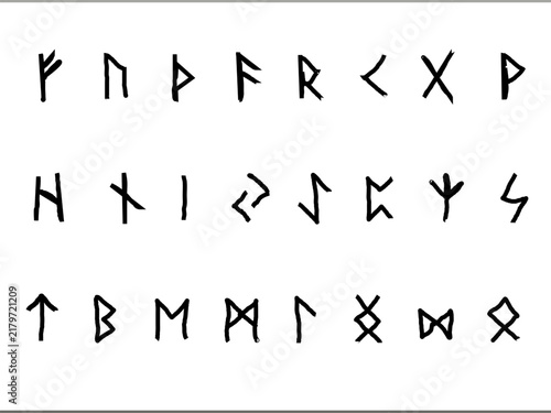 Foto Elder Futhark Alphabet Collection Ancient Scandinavian Runes with Names and Symb