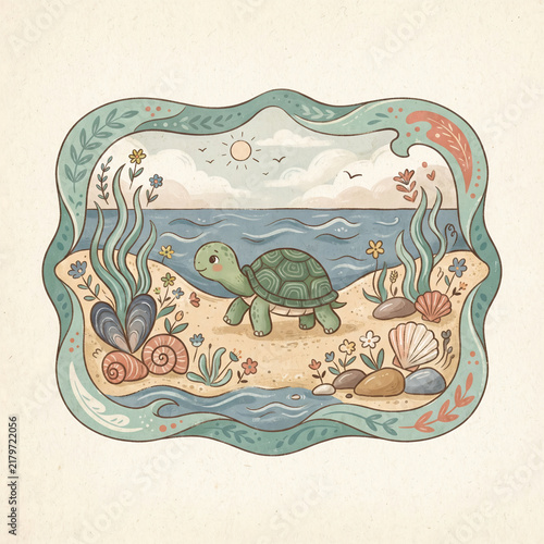 Cute Sea Turtle Walking on Sandy Beach with Shells and Seaweed
