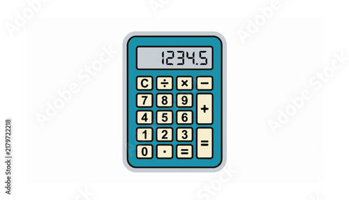 A teal-colored digital calculator with a display showing '1234.5' and various numeric and operation buttons, depicted as a simple illustration.