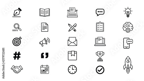 Set of flat design icons representing various communication and productivity concepts isolated