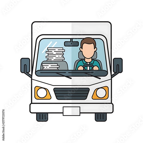Delivery Driver in White Truck with Documents on Passenger Seat