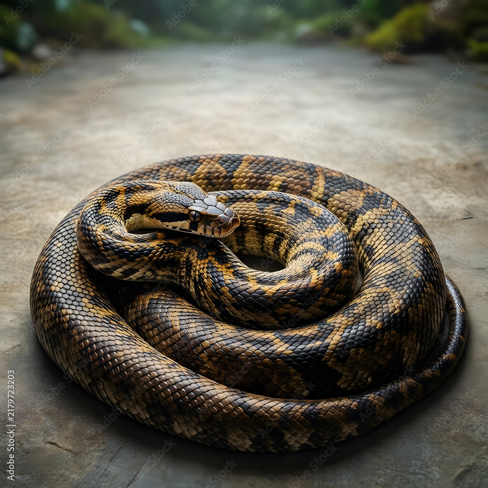 Obraz premium Wildlife conservation and biodiversity, coiled python snake on stone ground in natural habitat for environmental research and zoology education study