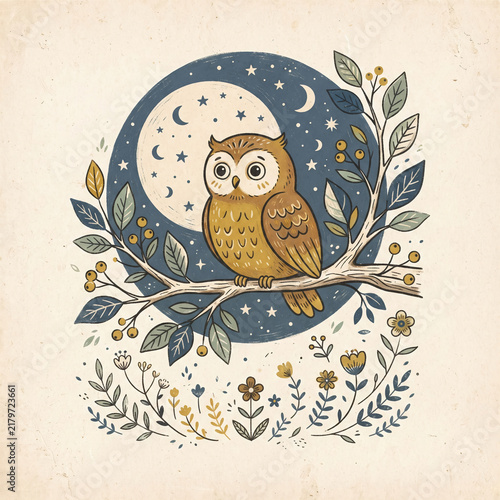 Wise Owl Sitting on Branch with Full Moon and Wildflowers