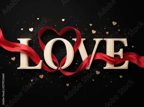 Elegant love typography with a red silk ribbon shaped like a heart on a black background with golden confetti and small hearts